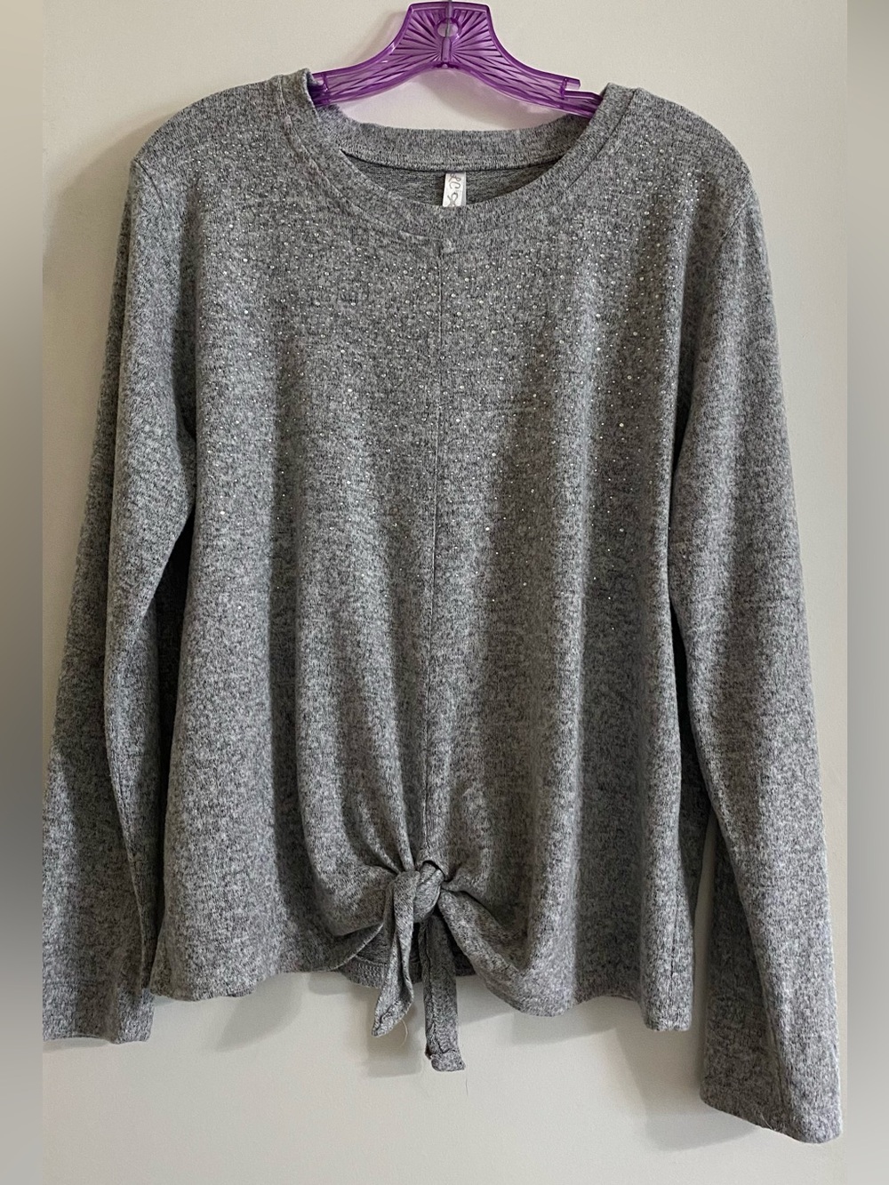 LC Culture Cozy Tie-Front Long Sleeve Top - Gray with rhinestones